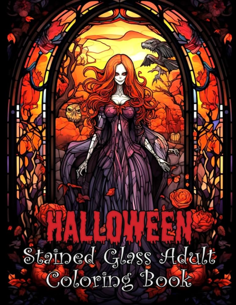 Halloween stained glass adult coloring book scary creepy illustrations vampire mummies skeletons haunted house and more coloring book halloween creative bella books