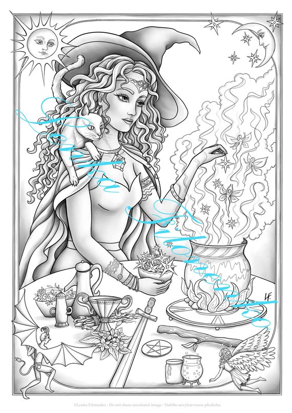 Coloring page for adults art coloring page witch greyscale pdf download and print