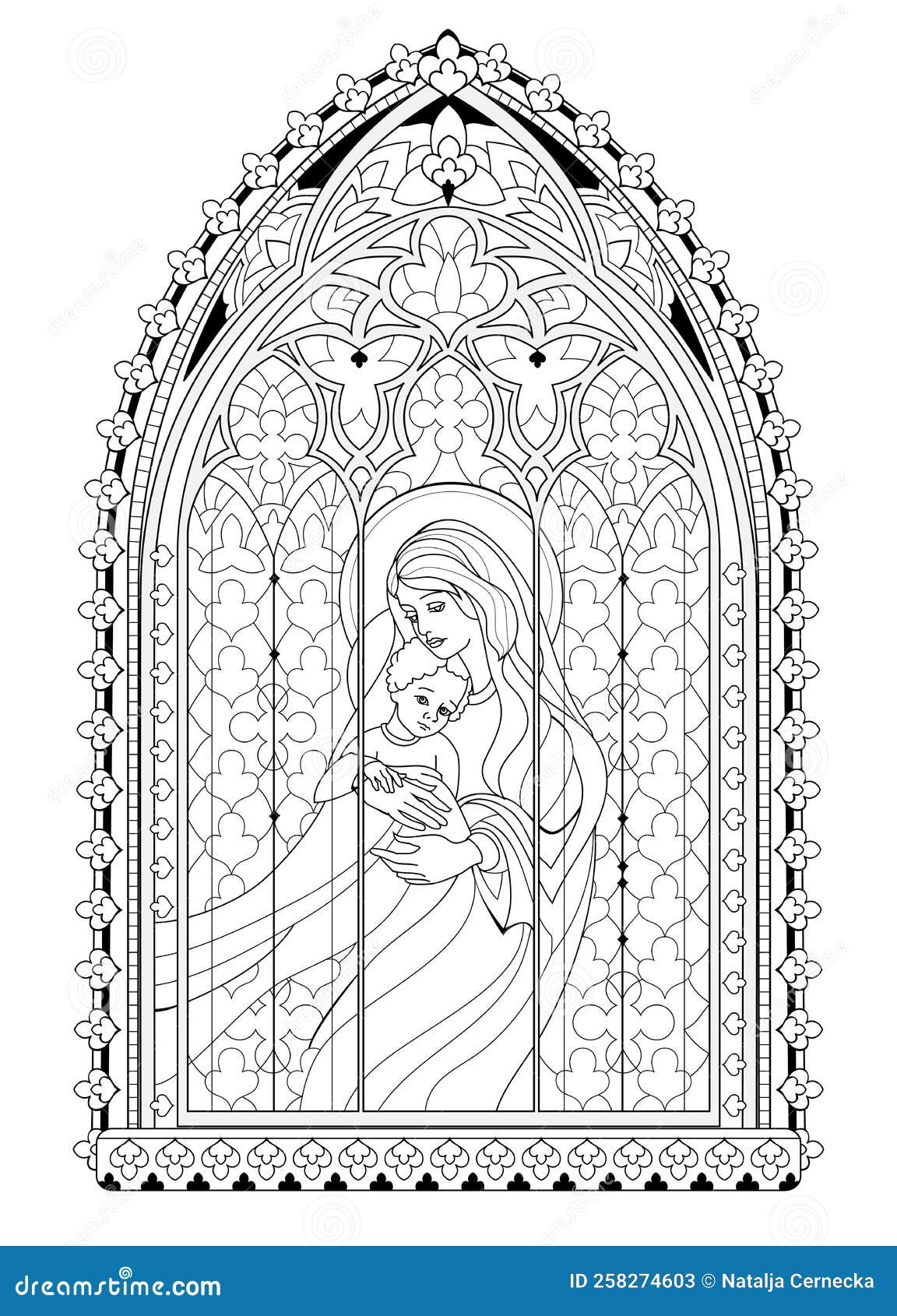 Beautiful gothic stained glass window from french church with madonna and child black and white drawing for coloring book stock vector