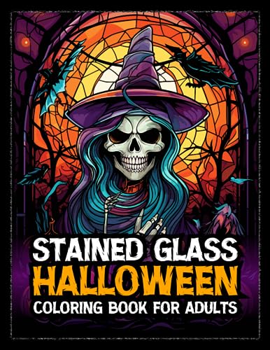 Halloween stained glass adult coloring book scary creepy illustrations pumpkins skulls witches haunted house and more coloring book halloween by halloween decorations