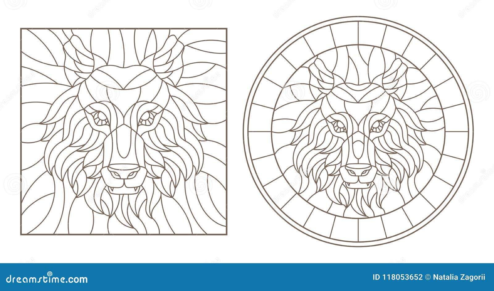 Contour set with stained glass illustrations with wolf head round and square image dark outline on white background stock vector