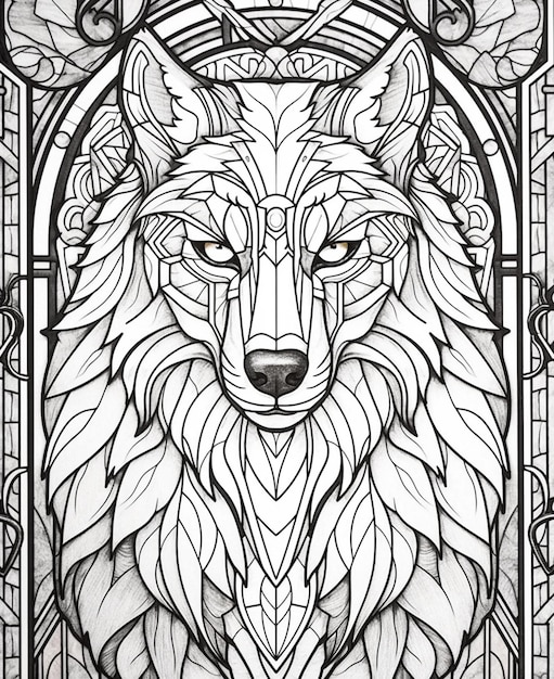 Premium ai image a black and white drawing of a wolf with a stained glass background generative ai