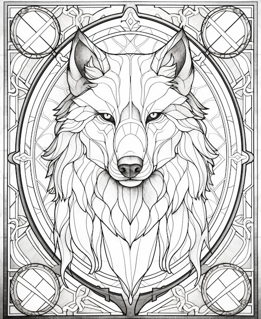 Premium ai image a coloring page of a wolf with a stained glass background generative ai