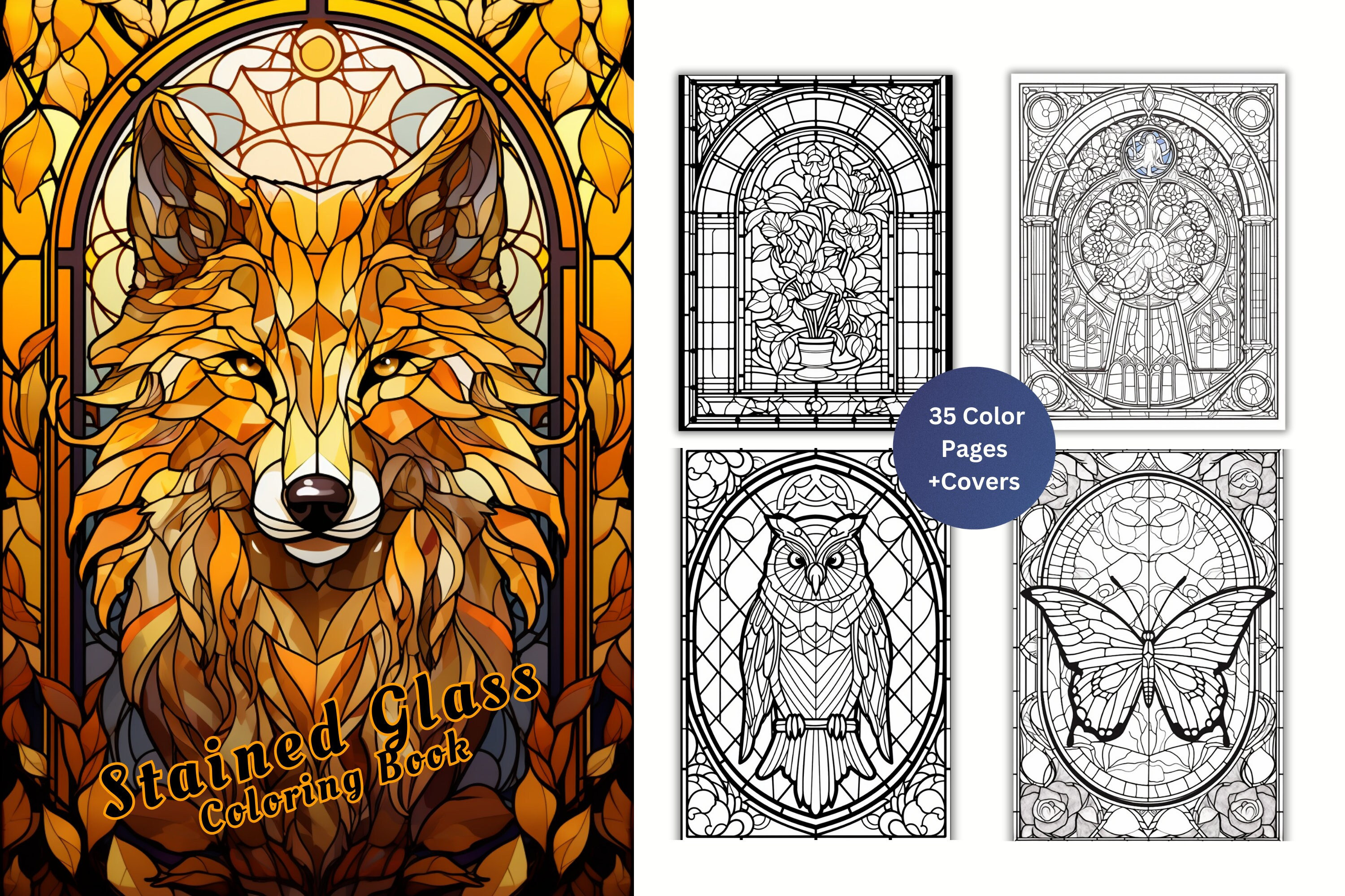 Stained glass collection coloring page adults kids instant download grayscale coloring page gift printable pdf stained glass
