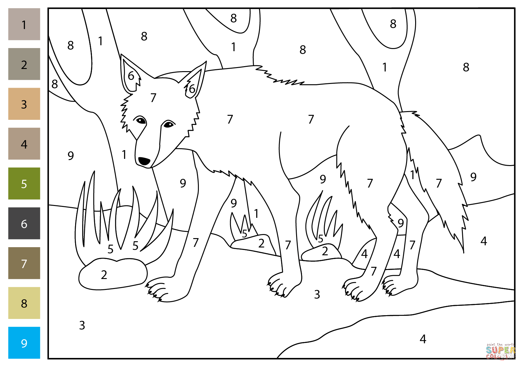 Wolf color by number free printable coloring pages