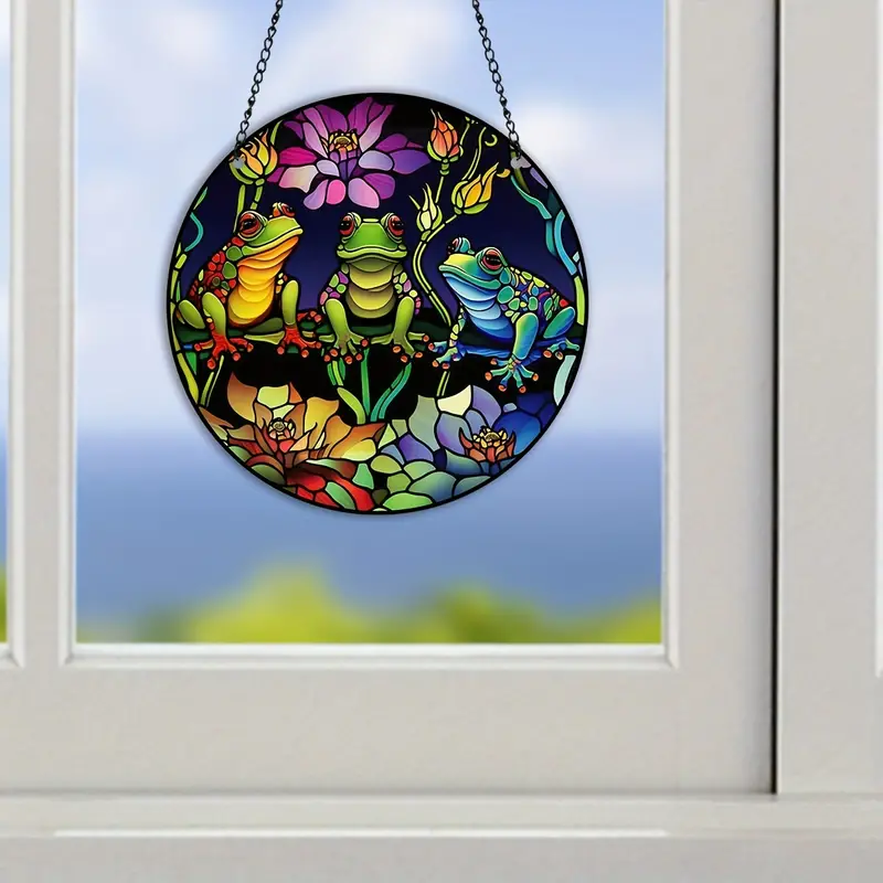 Three frog stained suncatcherfall window hanging of life wall hanging ornament vivid color panel wreath sign