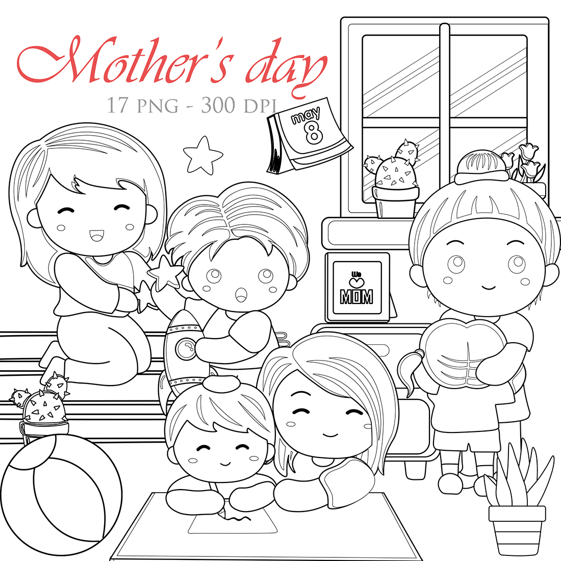 Mothers day activity at home with kids boy and girl with love digital stamp outline