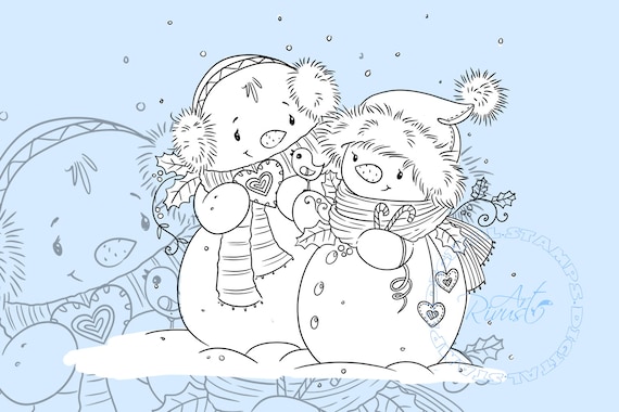 Christmas digital stamp cute snowmans download digi stamp coloring page contour illustration line art outline printable png clipart