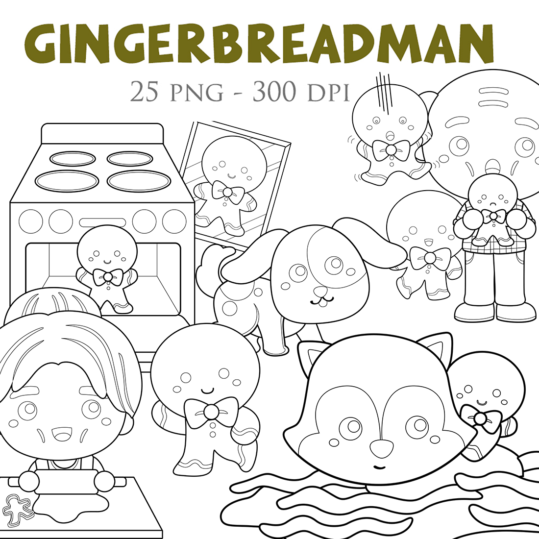 Cute gingerbread cookies kitchen and man and animals digital stamp outline
