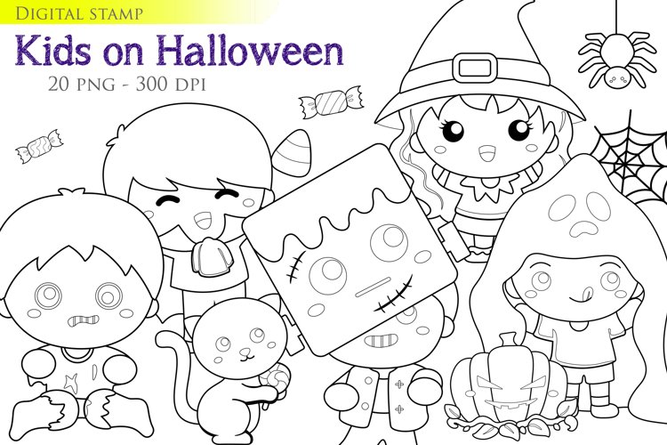 Kids and halloween costume october digital stamp outline