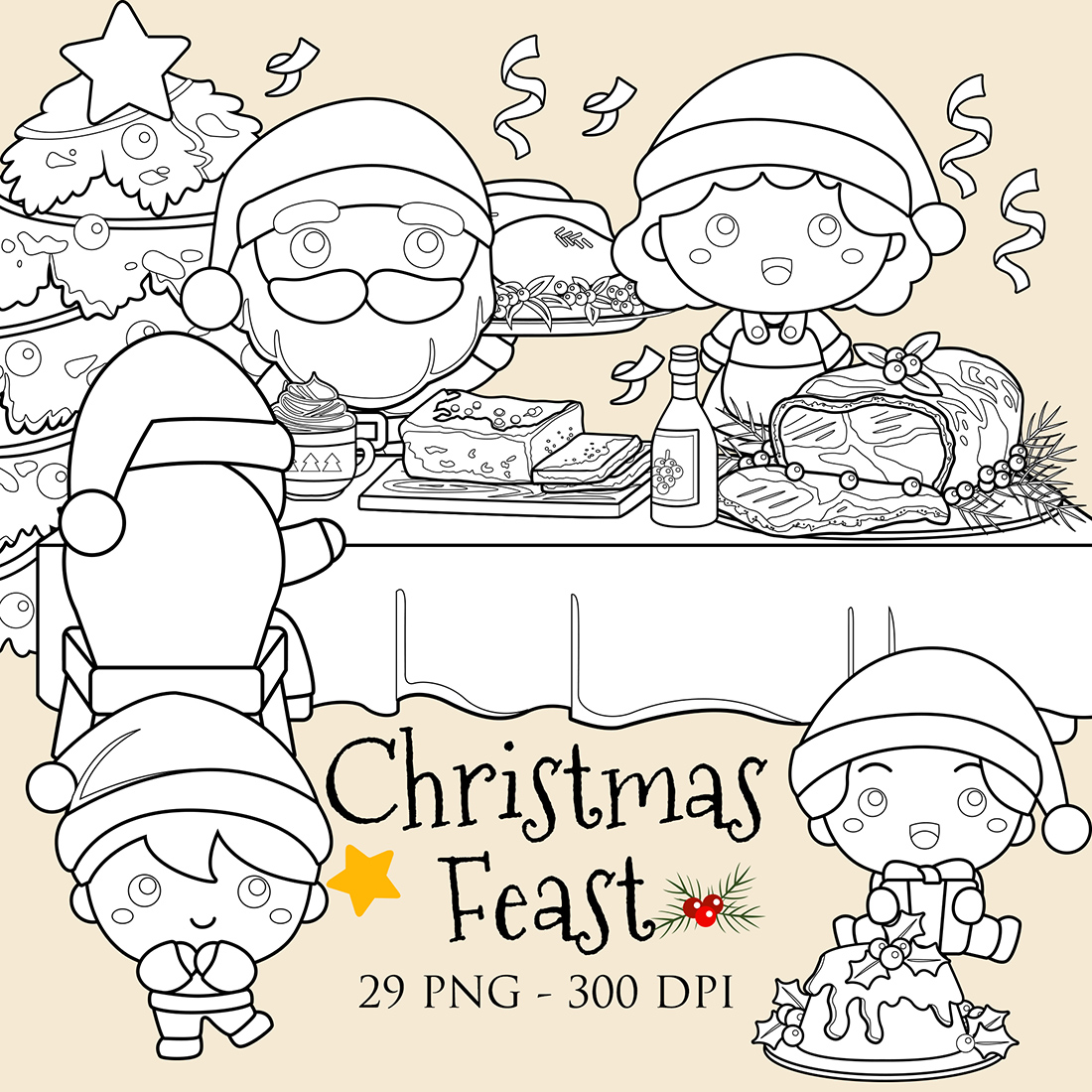 Christmas feast event dinner santa clause family party kids food and drink holiday background decoration cartoon digital stamp outline