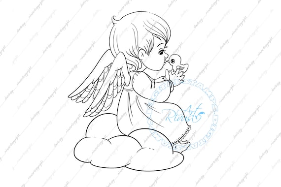 Angel digital stamp cute christmas bird digi stamp download coloring page contour illustration line art outline printable png clipart