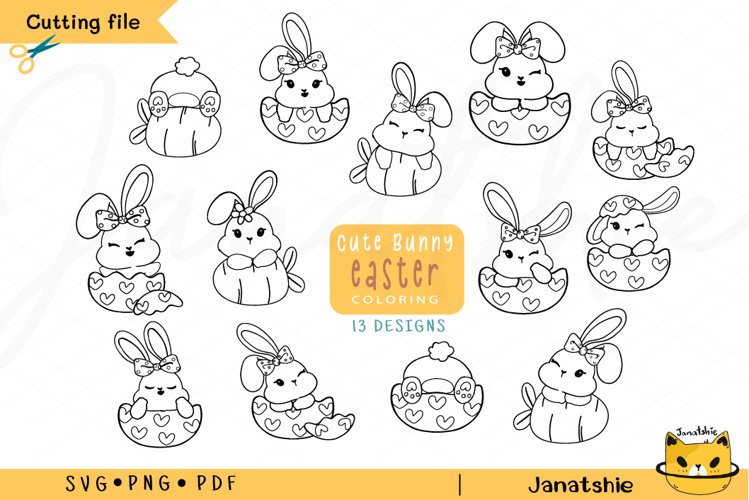 Outline cute easter playful bunny digital stamp clip art