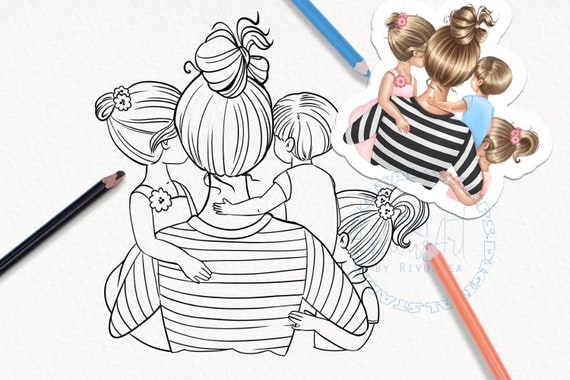 Mother of three kids digital stamp family png download