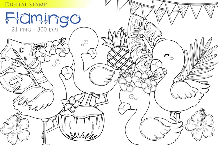 Summer flowers flamingo bird animal digital stamp outline