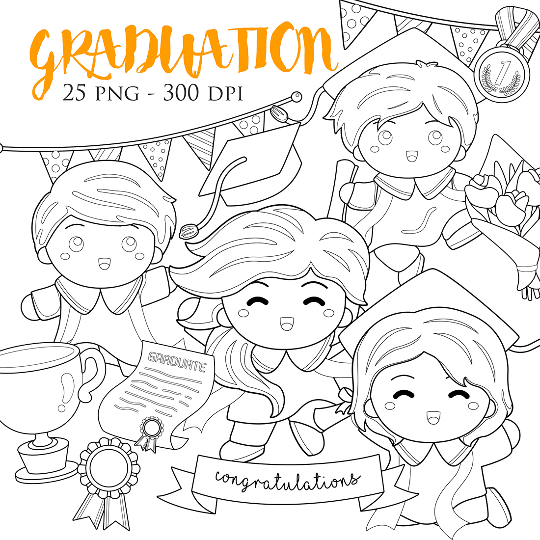 Kids happy graduation school student graduate party digital stamp outline