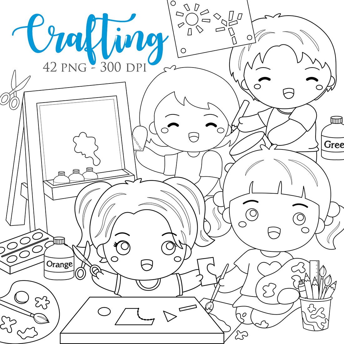 Happy kids crafting and painting school activity toodler digital stamp outline