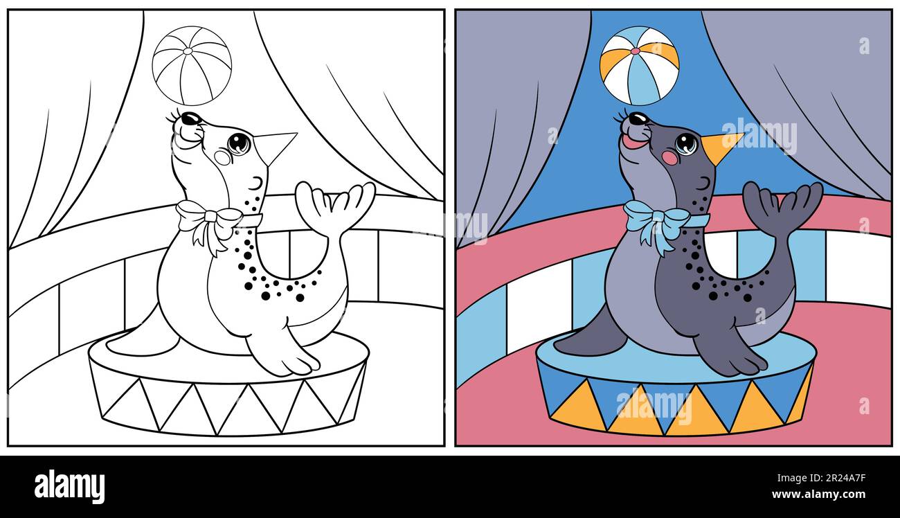 Cute navy seal with a ball in the circus vector cartoon illustration kids coloring page with a color sample for print design sticker card decor stock vector image art
