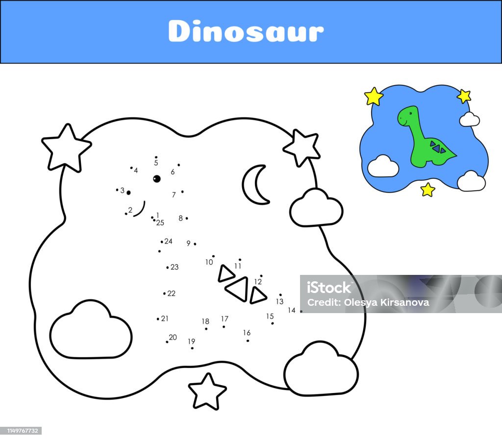 Connect the dots dino print cards for educational game coloring book cartoon character dinosaur cute diplodocus and clouds moon star vector illustration black and white page with color example stock illustration