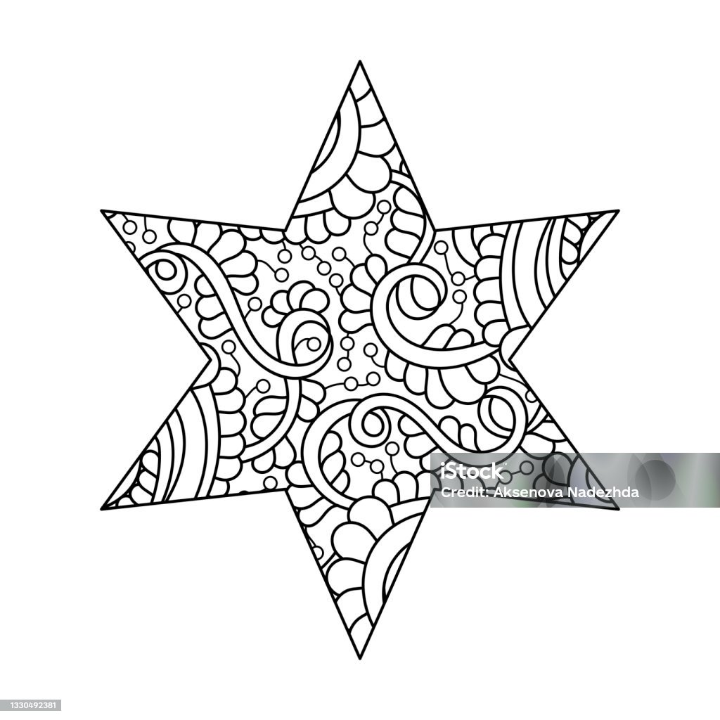 Coloring book for adults a handdrawn sixpointed star doodle antistress vector illustration stock illustration