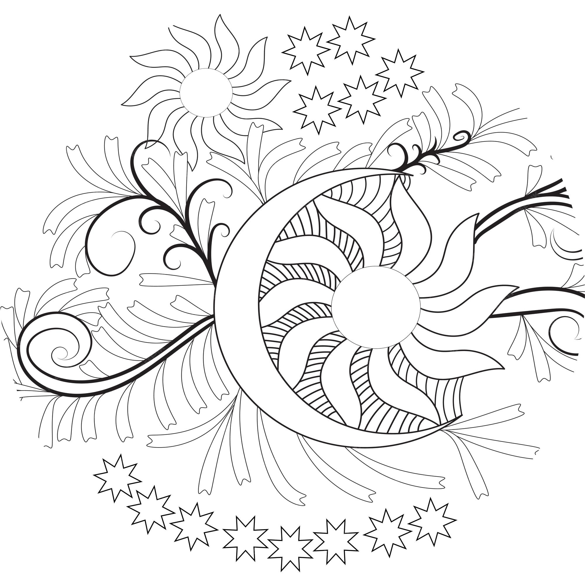 Premium vector adult coloring pages moon sun star and flower