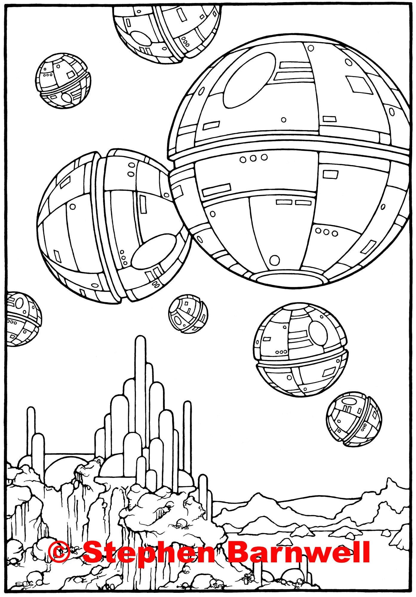 Sci fi coloring page spheroids adult coloring pages