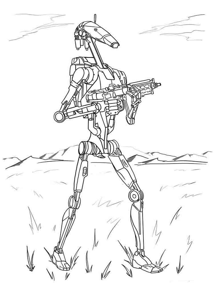 Robot with a gun in a field coloring page
