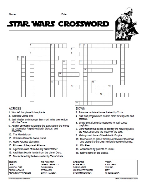 Star wars crossword puzzle â free printable
