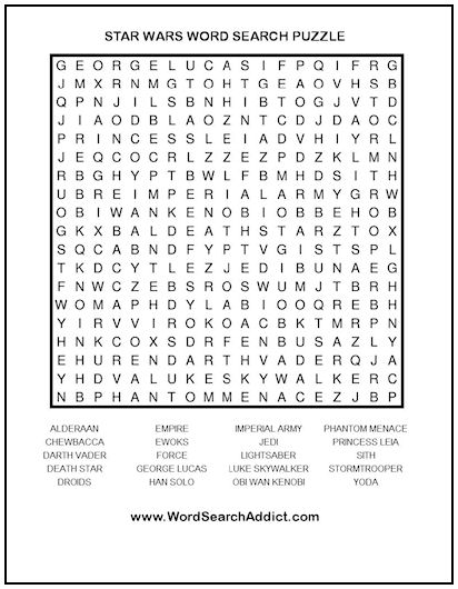 Star wars printable word search puzzle word search addict