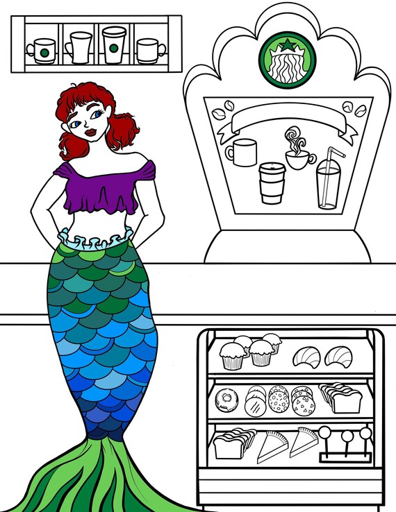 Coffee mermaid i printable coloring page l mermaid on land starbucks fun cute coffee lover gift activity instant download pdf jpg ready now