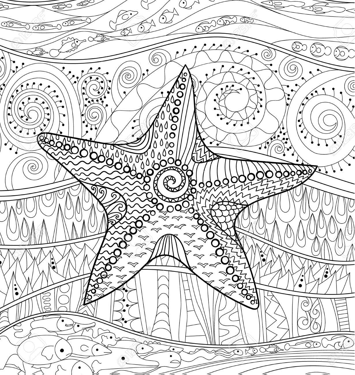 Starfish with high details adult antistress coloring page black white sea animal abstract pattern with oceanic elements for relax coloring for grown ups in zentangle style vector illustration royalty free svg cliparts