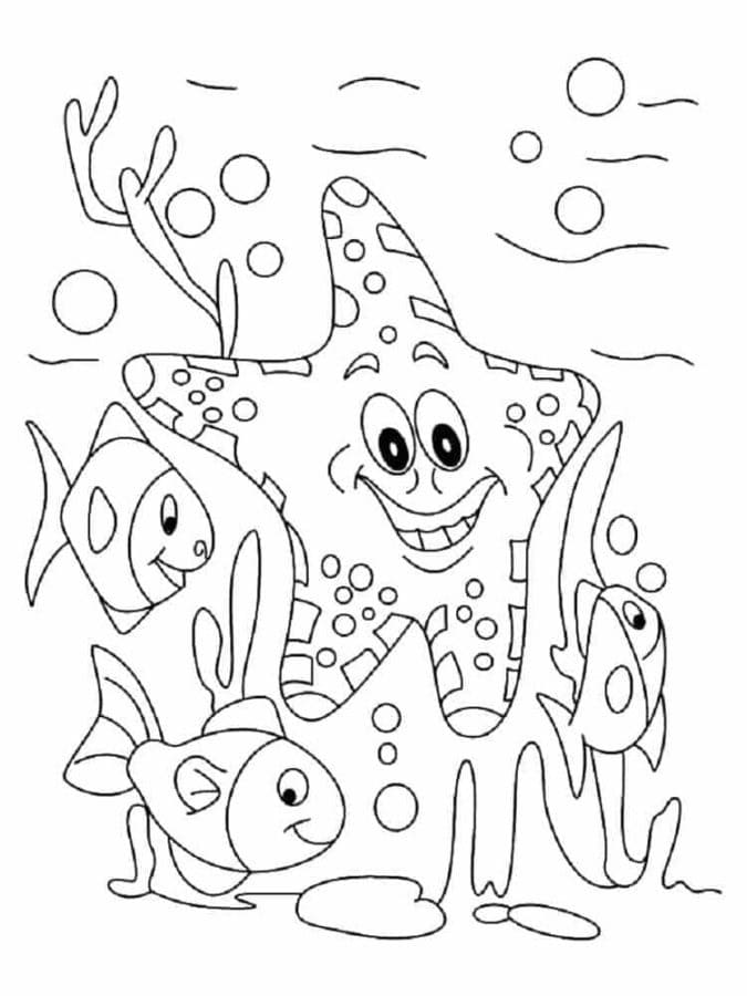 Cartoon fishes and starfish coloring page