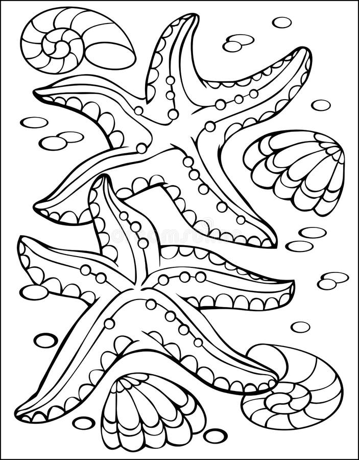 Page with black and white illustration of starfish for coloring stock vector