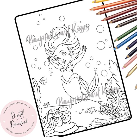 Mermaid starfish and bubbles coloring page digital download coloring sheet mermaid coloring for adults kids ocean under