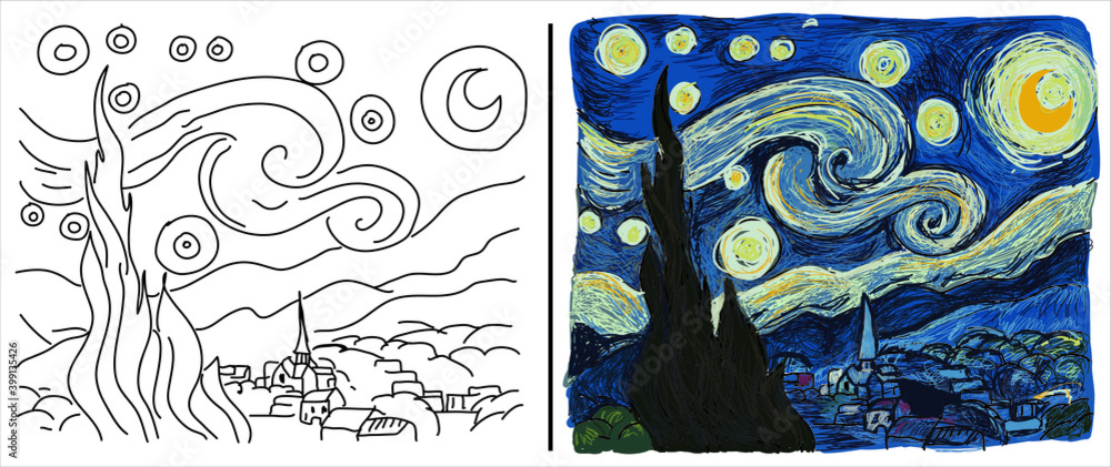 Coloring page with the starry night based on vincent van goghs painting vector