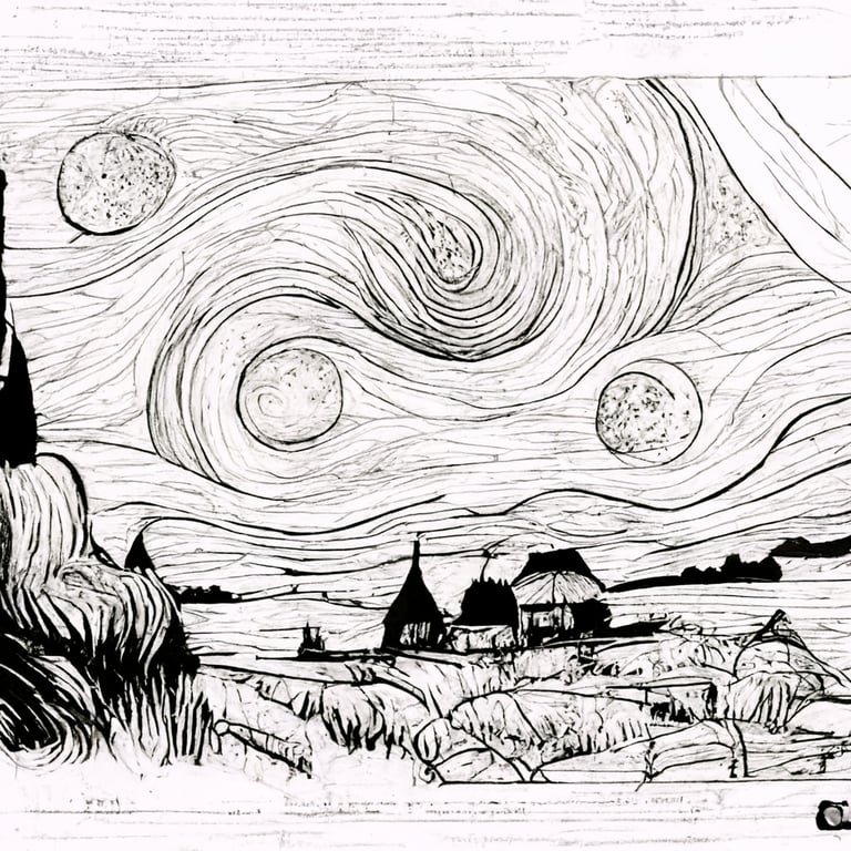 Coloring book page van gogh starry night black and white line art