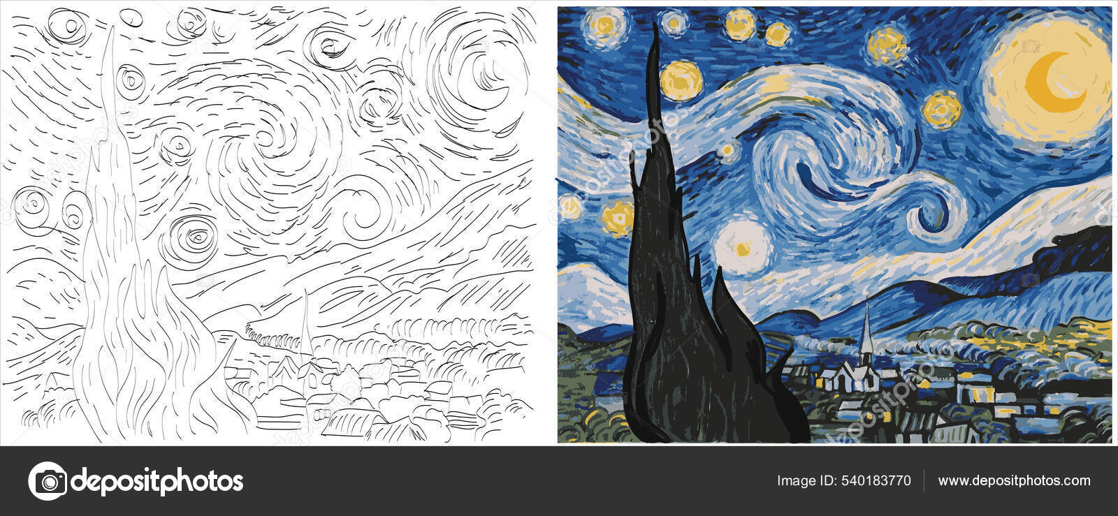 Coloring page starry night based vincent van goghs painting stock vector by mtesla