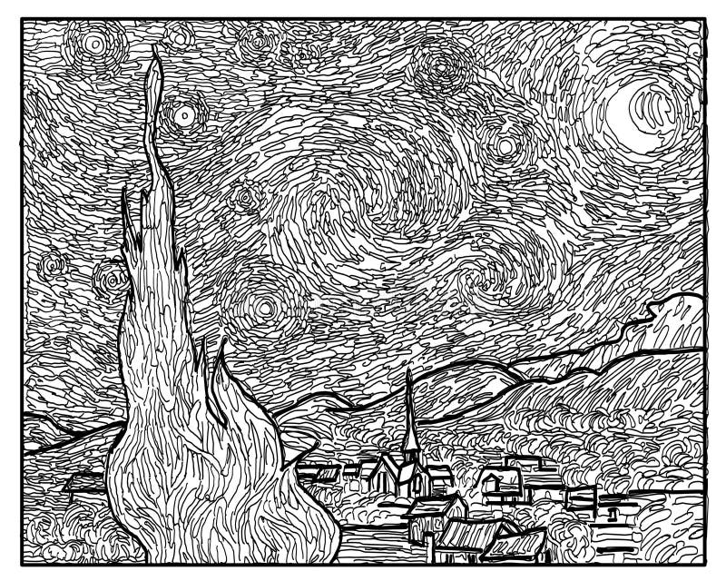 Coloring book starry night van gogh art style stock vector