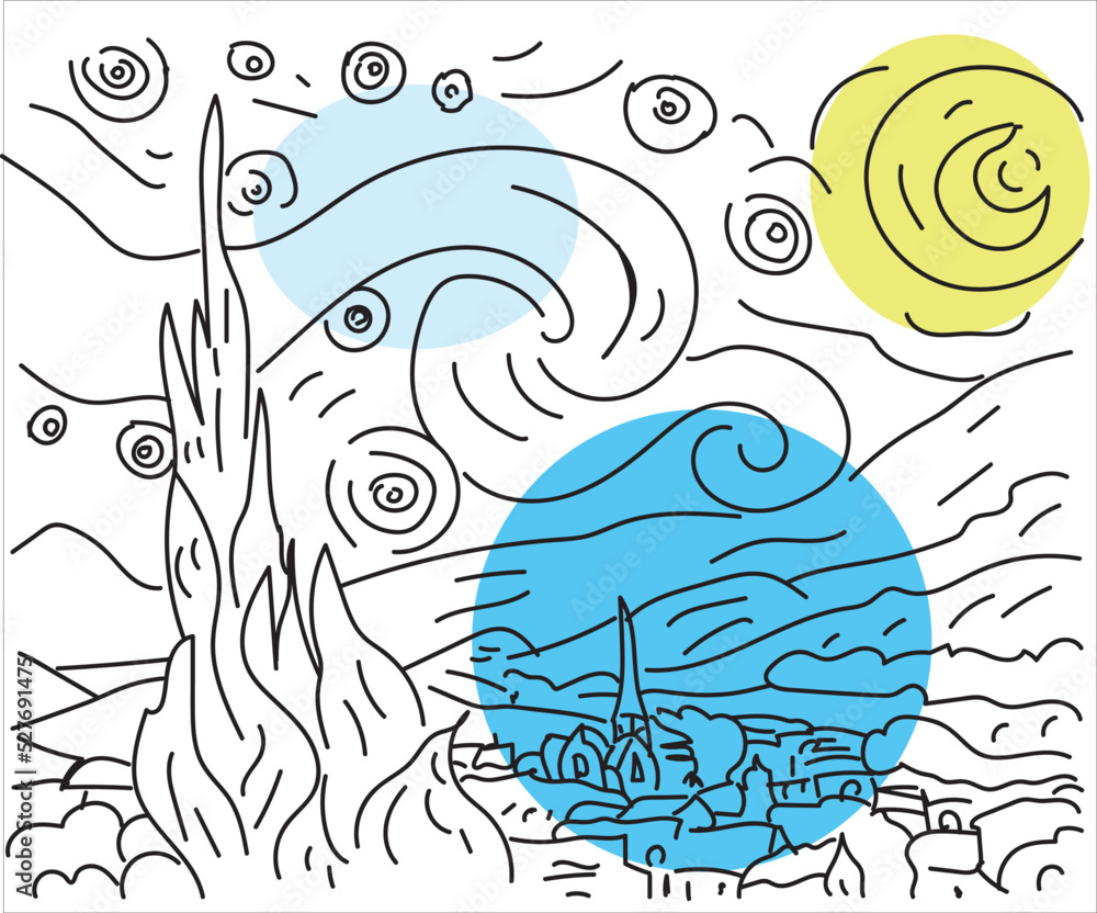 Coloring page with the starry night based on vincent van goghs painting vector