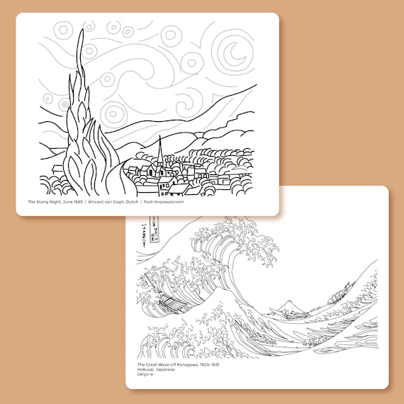 The starry night and the great wave coloring sheets