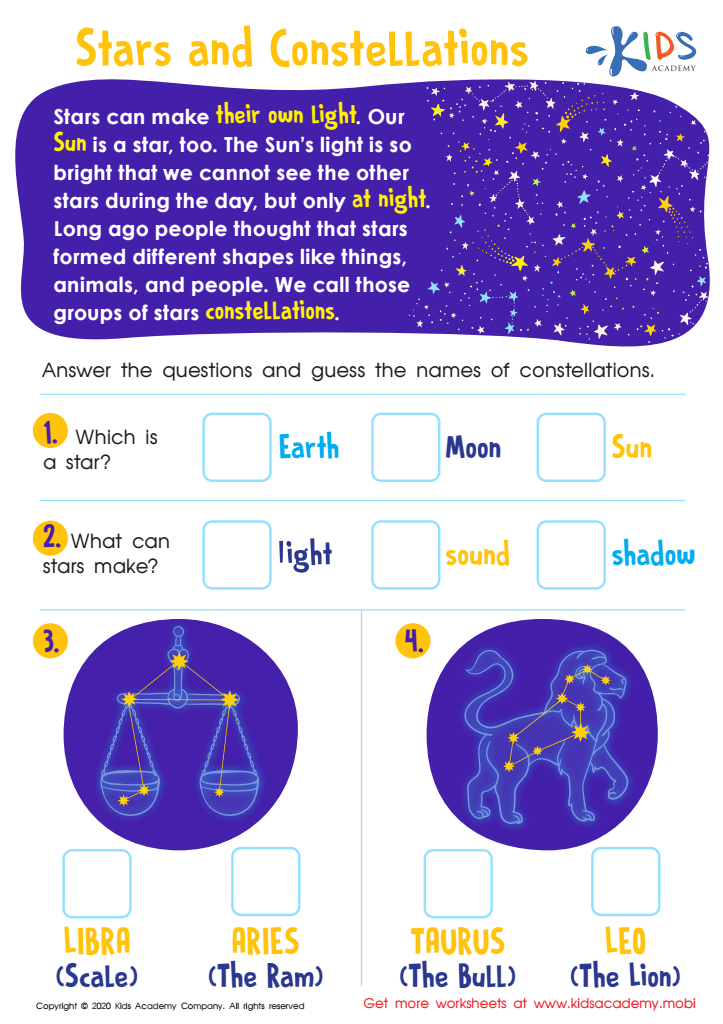 Free stars and constellations worksheet worksheet for kids