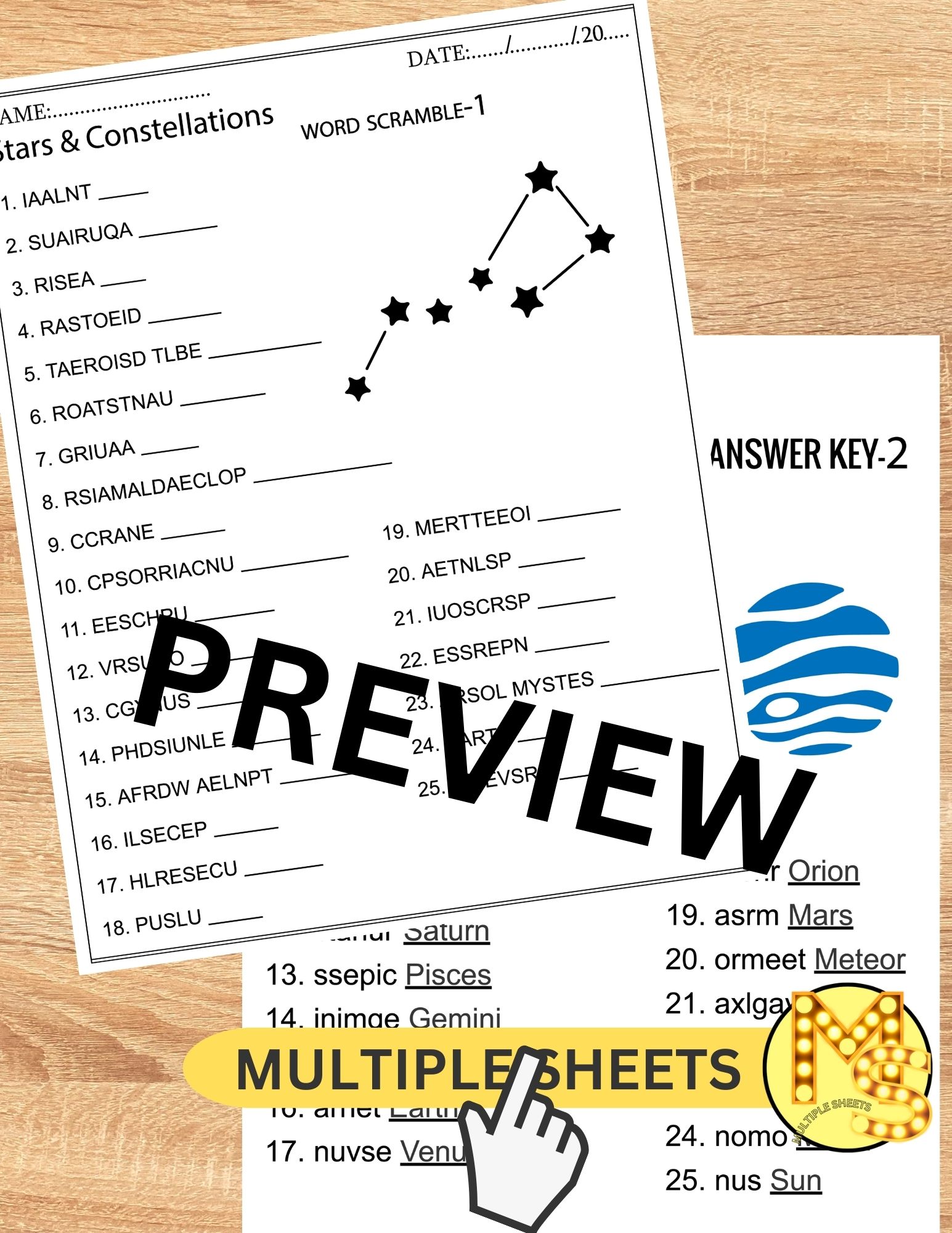 The stars and constellations worksheets crossword