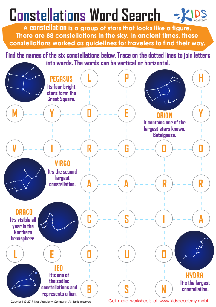 Constellations word search printable free worksheet pdf for kids