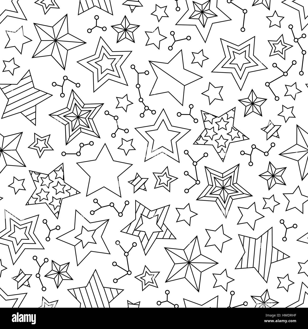 Seamless pattern with outline stars coloring book page for adults and older children stock vector image art