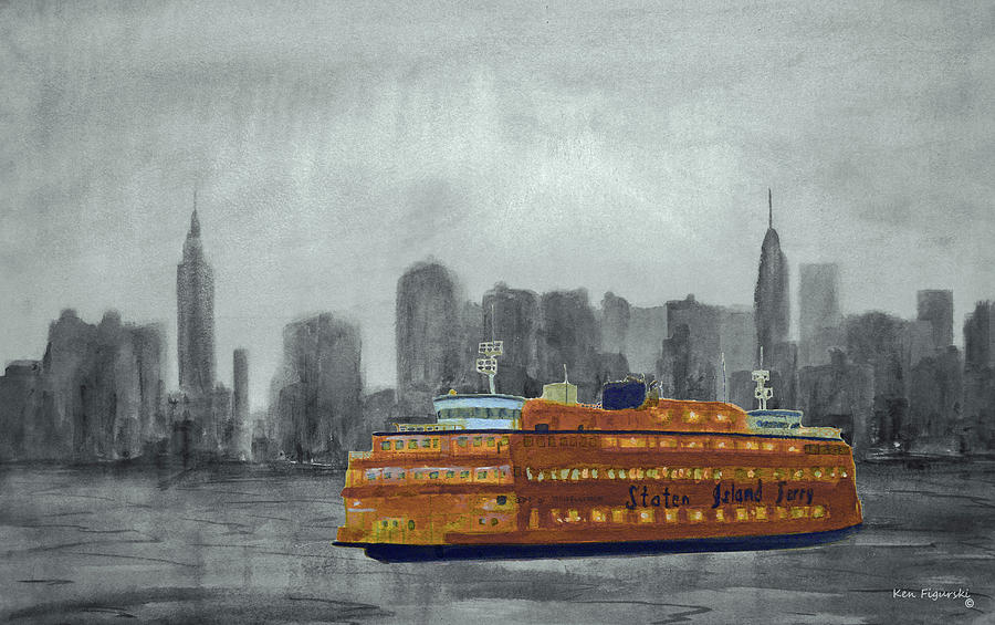 Staten island ferry watercolor painting painting by ken figurski