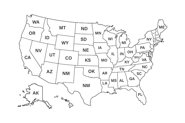 Stati della mappa degli stati uni disegno della linea vettoriale mappa usa molto dettagliata etichettato con abbreviazioni postali vettore di riserva esp vettore premium