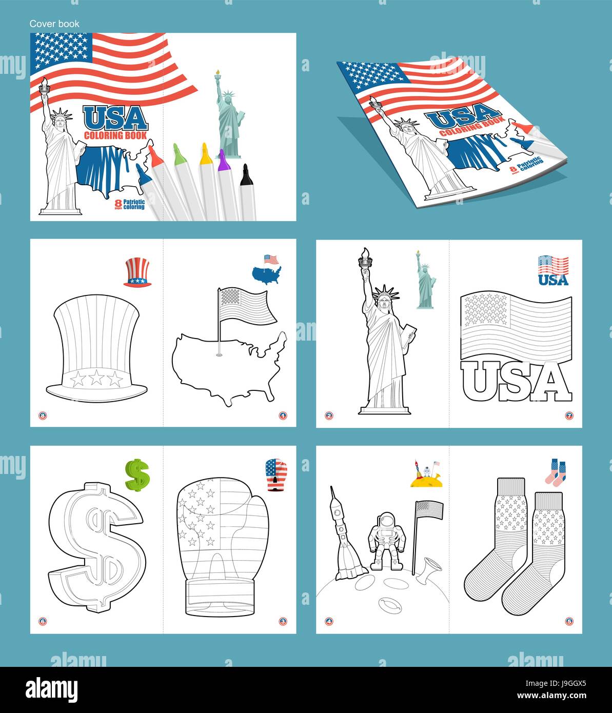 Stati uni damerica libro da colorare illustrazioni patriottica il sistema statel simboli america lo zio sam hat e mappa country la statua della libertã e la bandiera degli stati uni simbolo del
