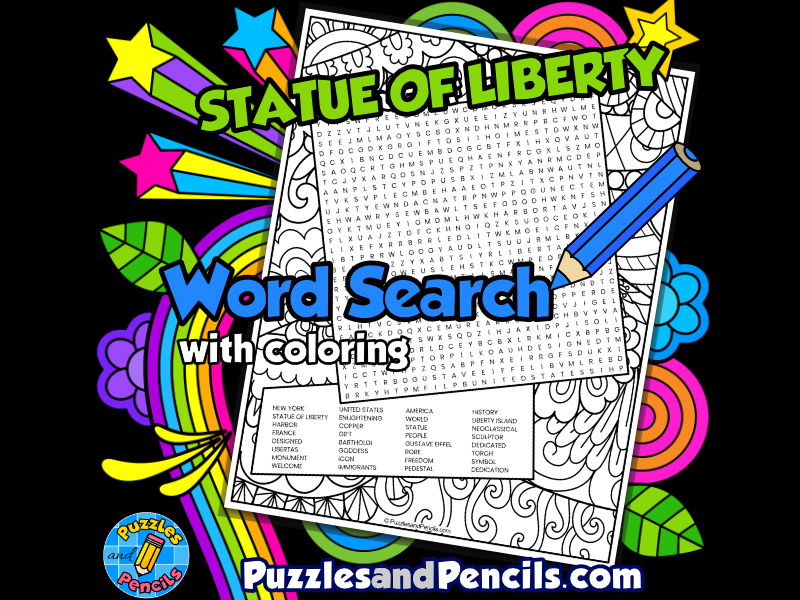 Statue of liberty word search puzzle with colouring us tourist attractions wordsearch teaching resources