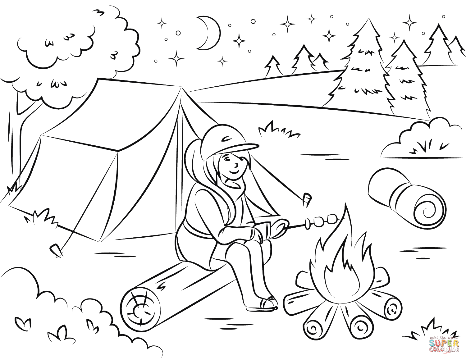 Girl roasting marshmallow over campfire coloring page free printable coloring pages