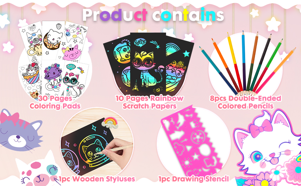 Yoytoo cat coloring pads kit for girls unicorn coloring book with coloring pages rainbow scratch papers colored pencils for drawing painting travel coloring kit for kids girls ages